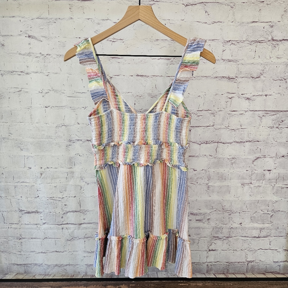 Saylor Alma Dress Rainbow Striped Crepe Smocked Bust Ruffle Strap Dress Small - Picture 5 of 15